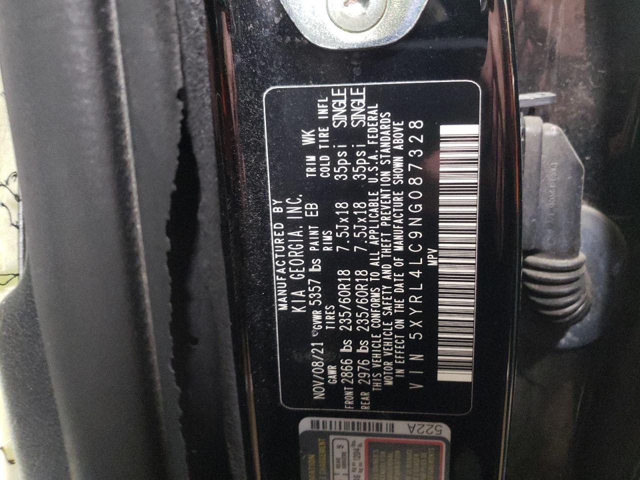 2022 KIA SORENTO S VIN:5XYRL4LC9NG087328