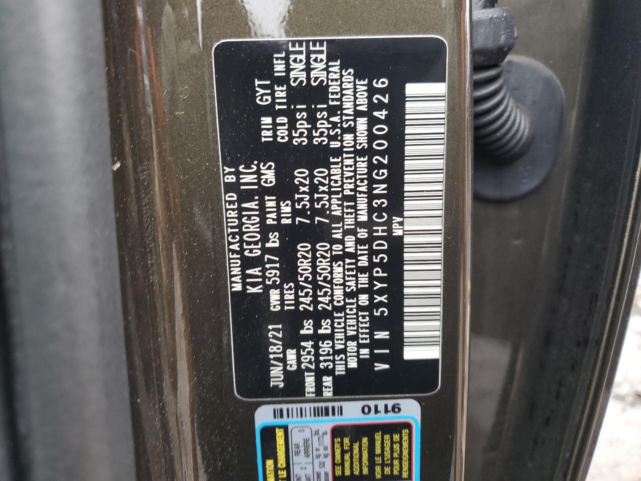 2022 KIA TELLURIDE SX VIN:5XYP5DHC3NG200426