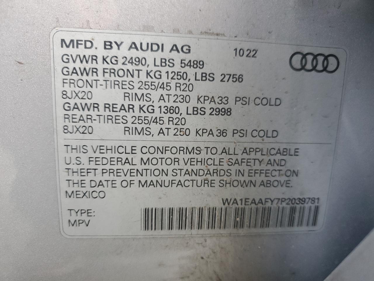 2023 AUDI Q5 PREMIUM PLUS 45 VIN:WA1EAAFY7P2039781