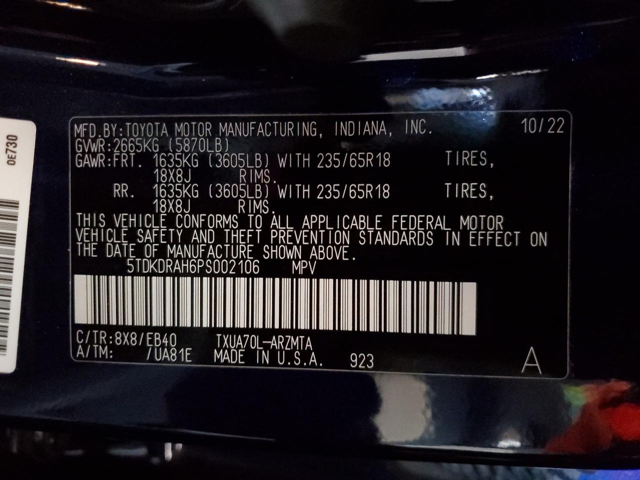 2023 TOYOTA HIGHLANDER L VIN:5TDKDRAH6PS002106