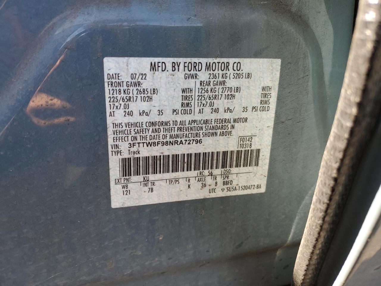 2022 FORD MAVERICK XL VIN:3FTTW8F98NRA72796