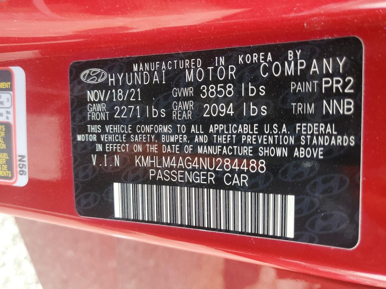 2022 HYUNDAI ELANTRA SEL VIN:KMHLM4AG4NU284488