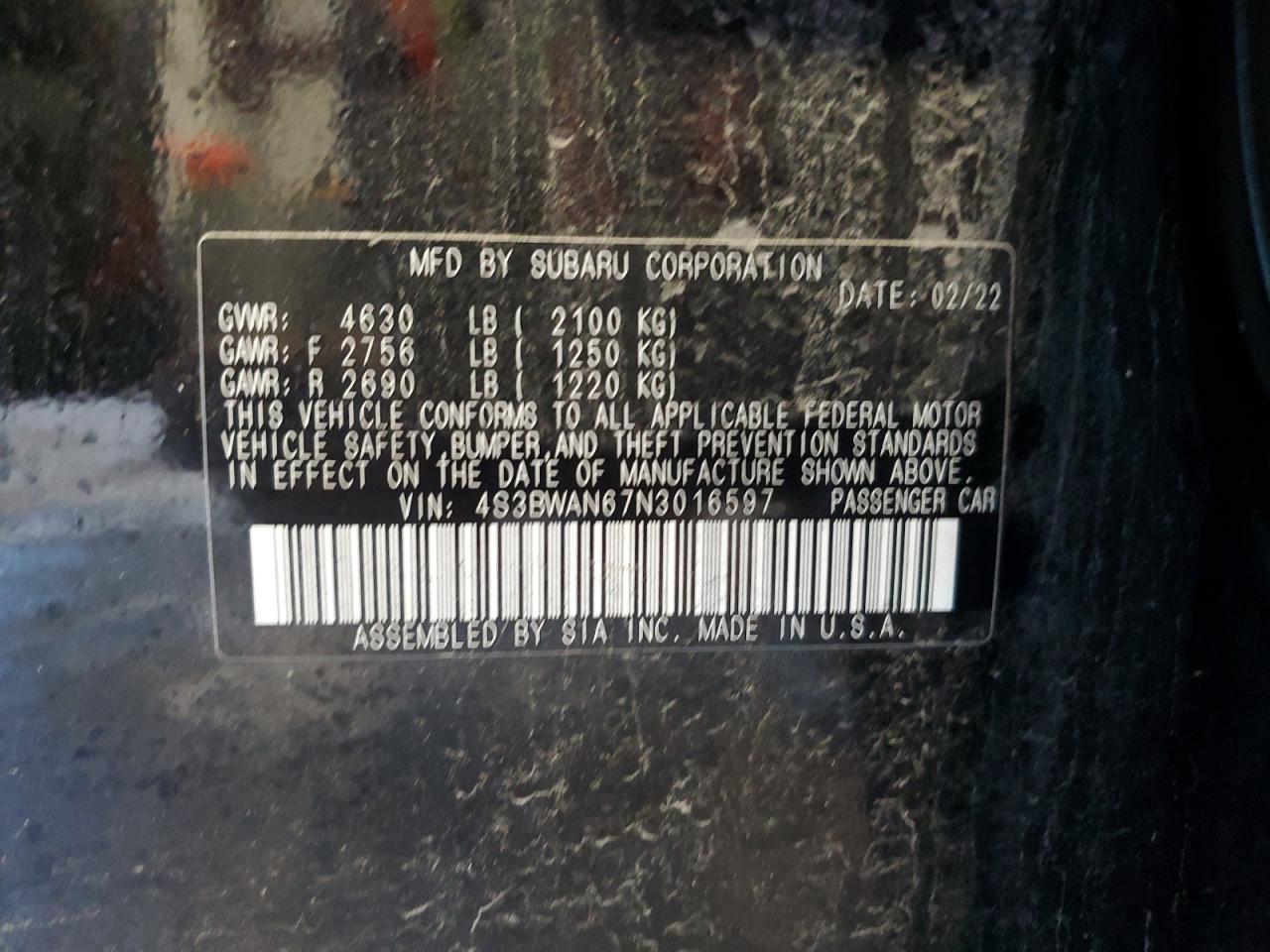 2022 SUBARU LEGACY LIMITED VIN:4S3BWAN67N3016597