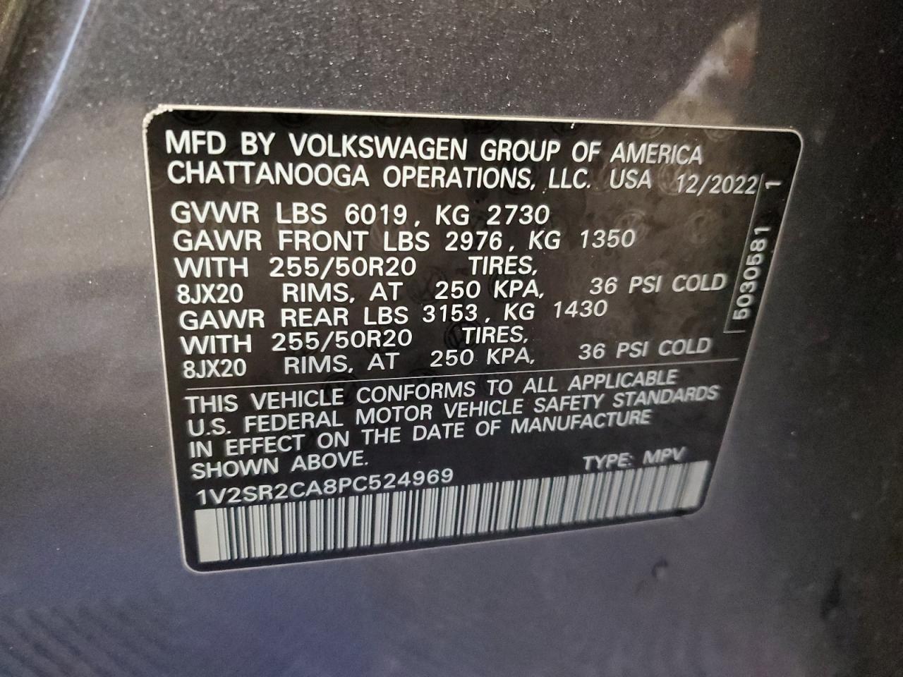 2023 VOLKSWAGEN ATLAS SEL R-LINE VIN:1V2SR2CA8PC524969