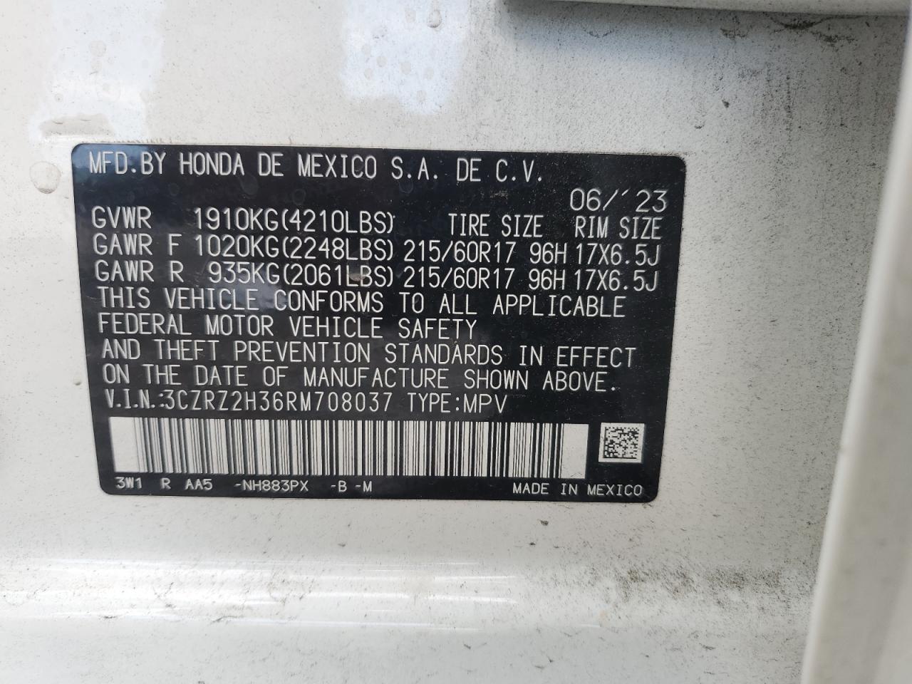 2024 HONDA HR-V LX VIN:3CZRZ2H36RM708037