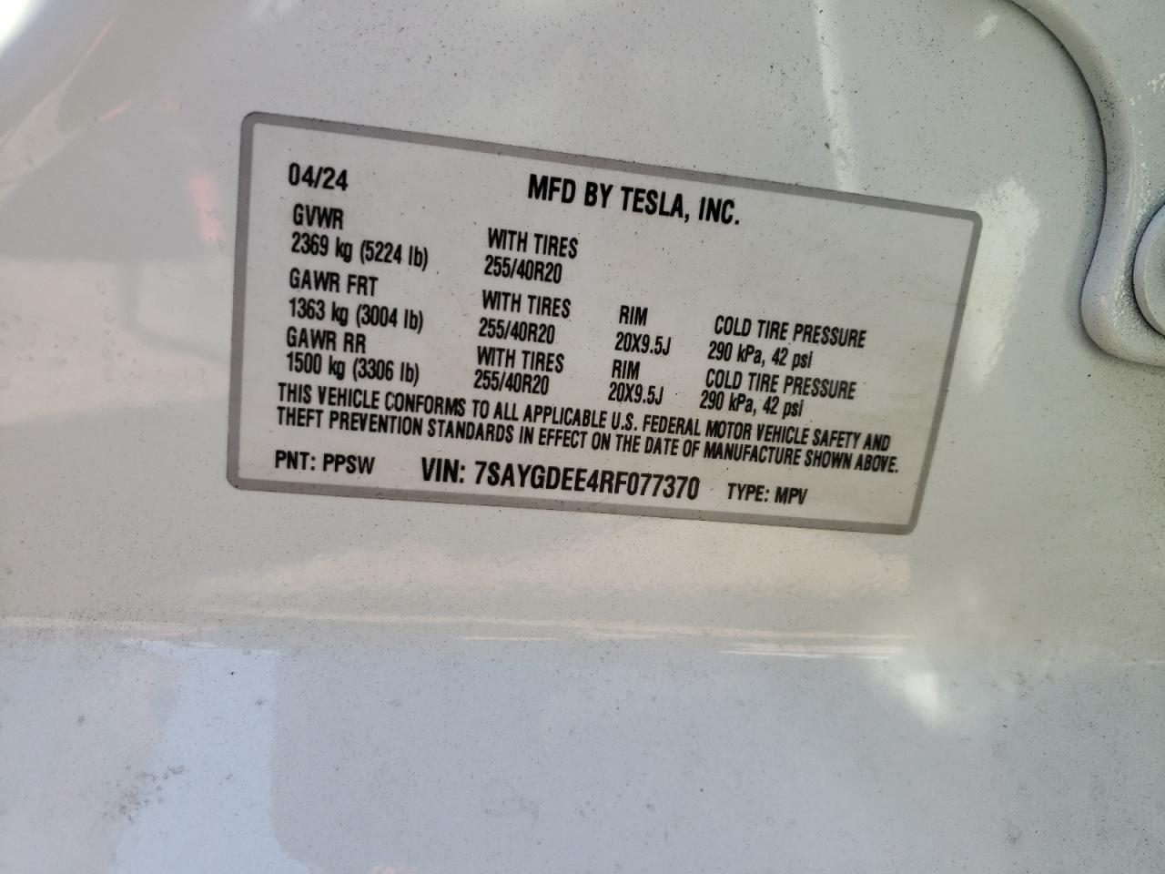 2024 TESLA MODEL Y VIN:7SAYGDEE4RF077370