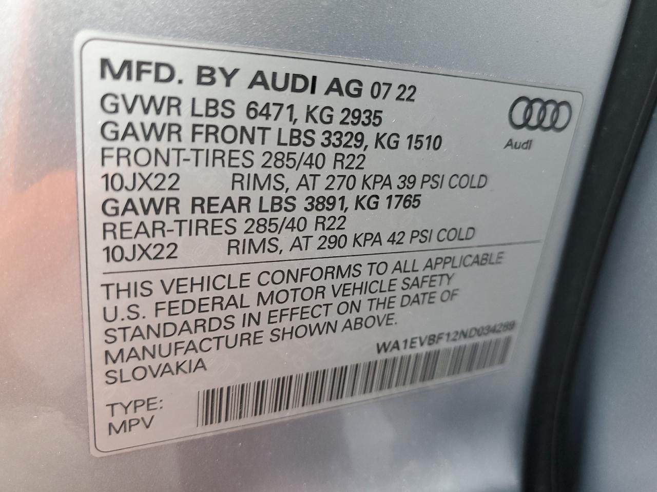 2022 AUDI Q8 PREMIUM PLUS S-LINE VIN:WA1EVBF12ND034289