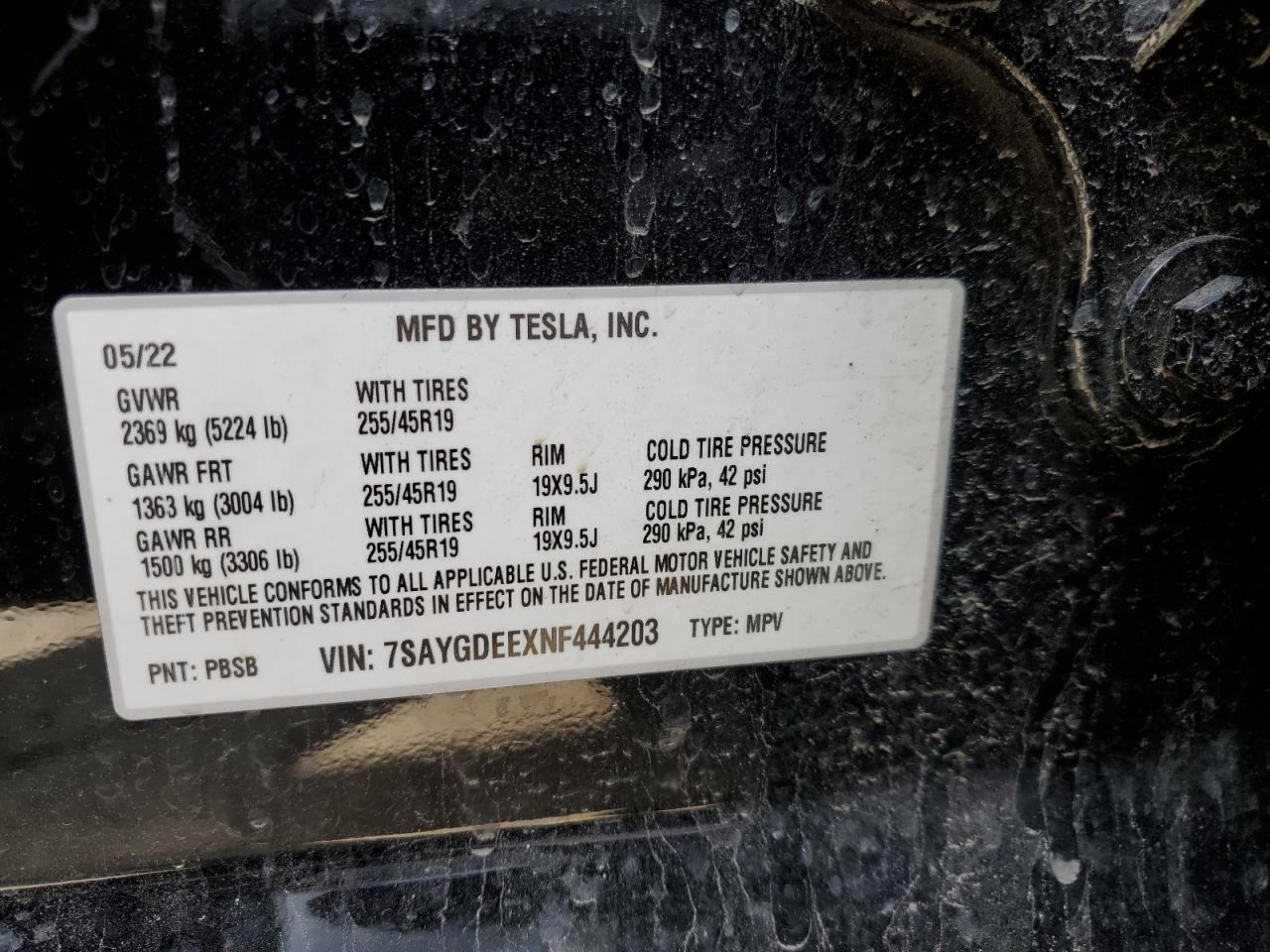 2022 TESLA MODEL Y VIN:7SAYGDEEXNF444203