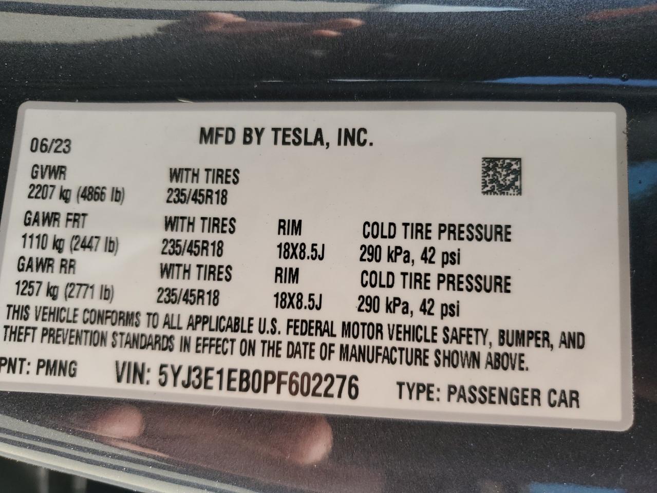 2023 TESLA MODEL 3 VIN:5YJ3E1EB0PF602276