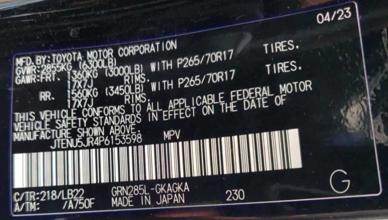 2023 TOYOTA 4RUNNER SE VIN:JTENU5JR4P6153598