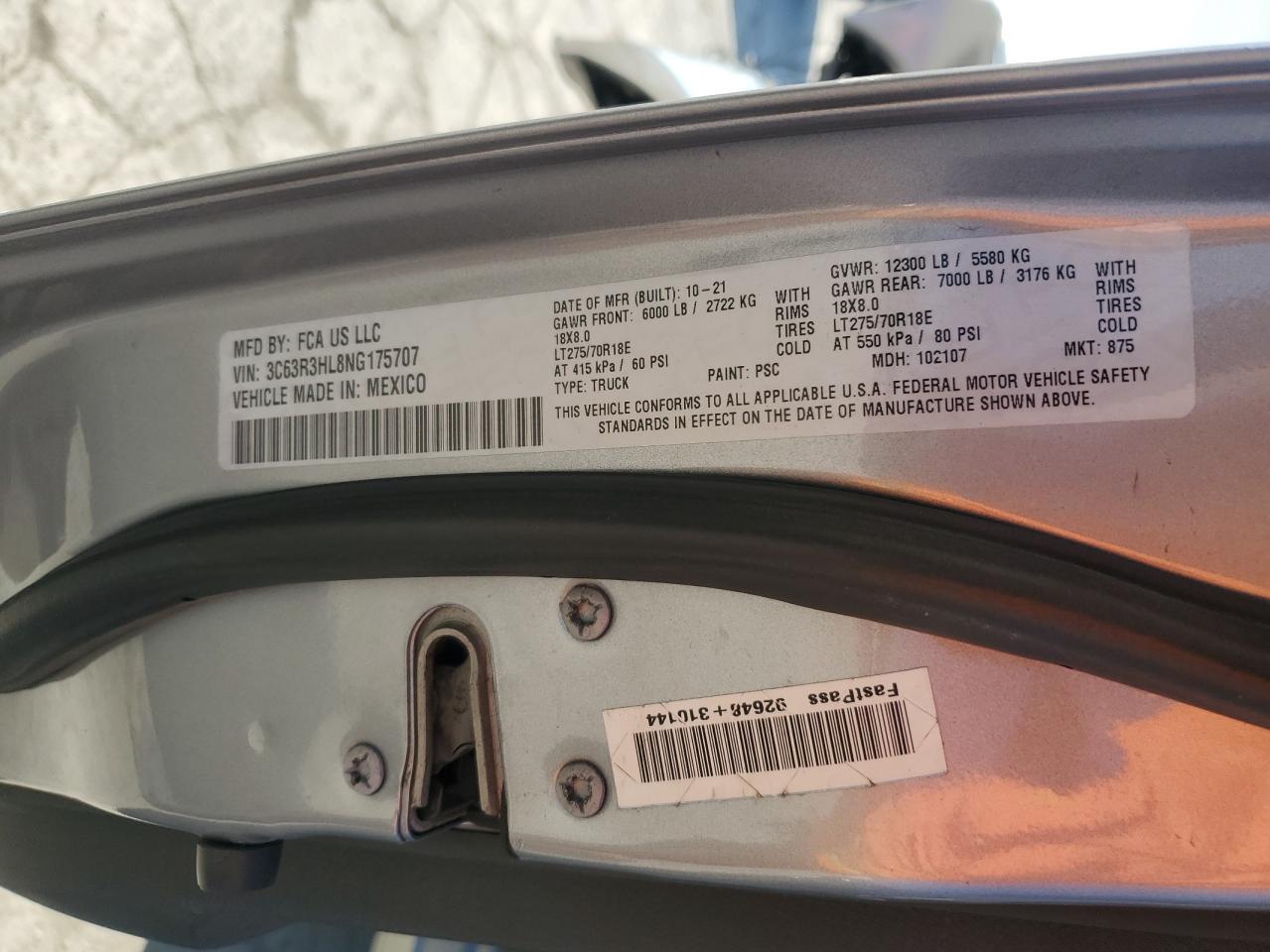 2022 RAM 3500 BIG HORN/LONE STAR VIN:3C63R3HL8NG175707