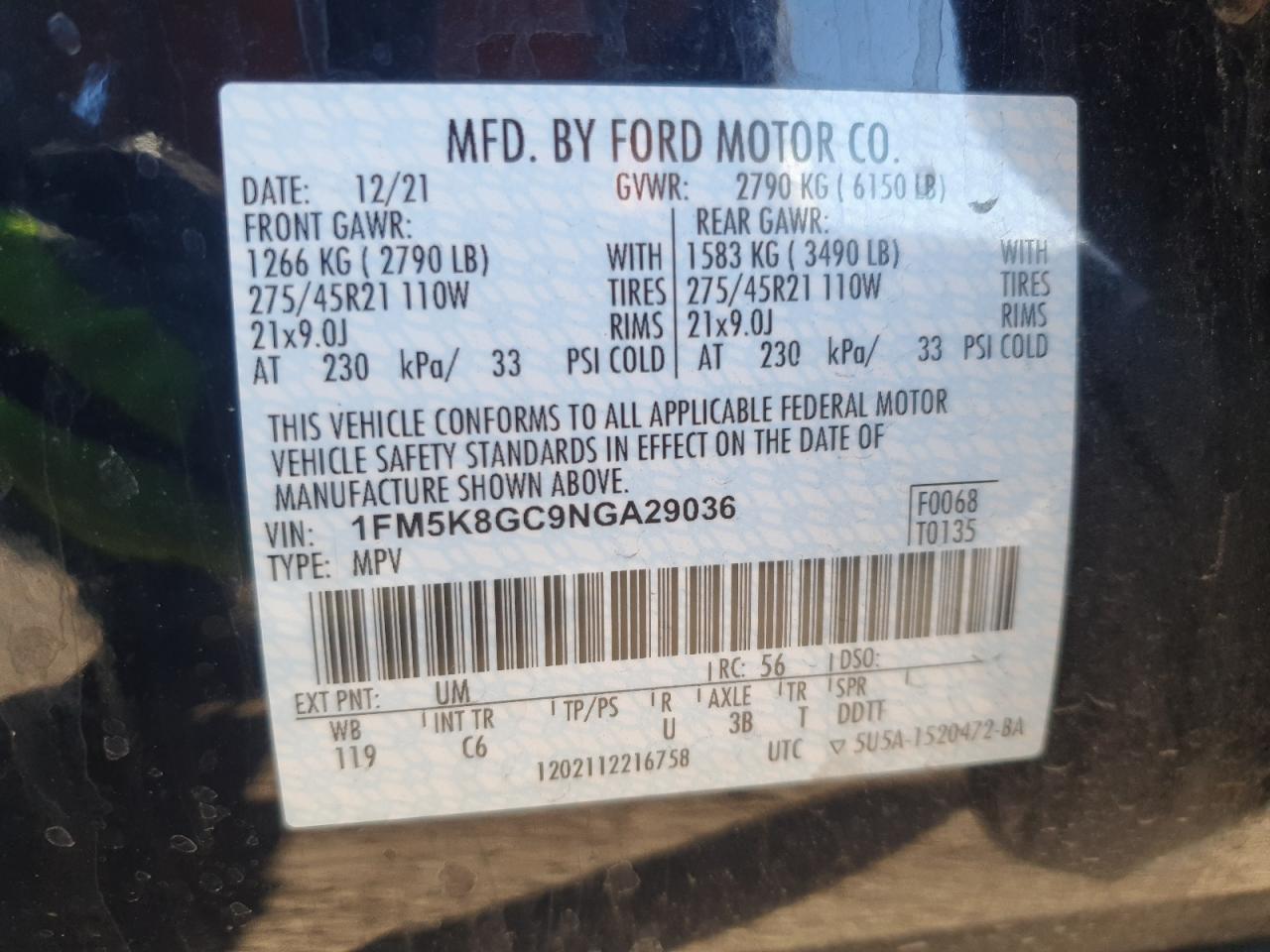 2022 FORD EXPLORER ST VIN:1FM5K8GC9NGA29036