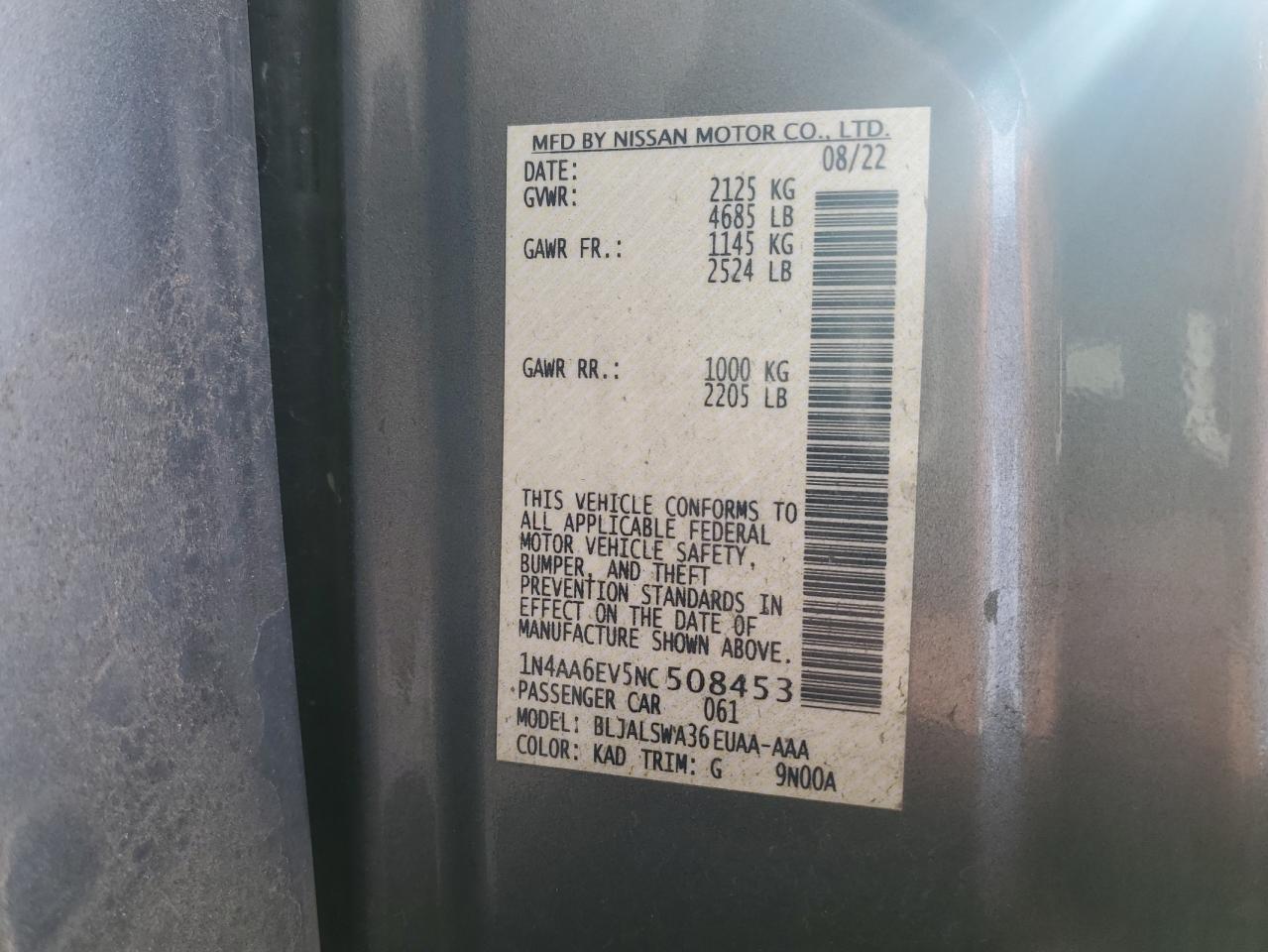 2022 NISSAN MAXIMA SR VIN:1N4AA6EV5NC508453