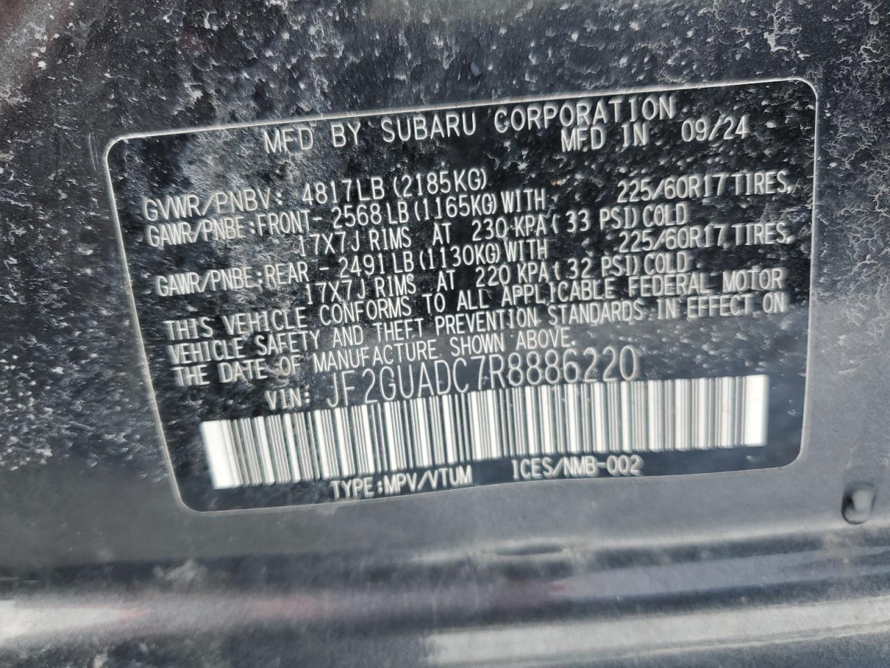 2024 SUBARU CROSSTREK PREMIUM VIN:JF2GUADC7R8886220