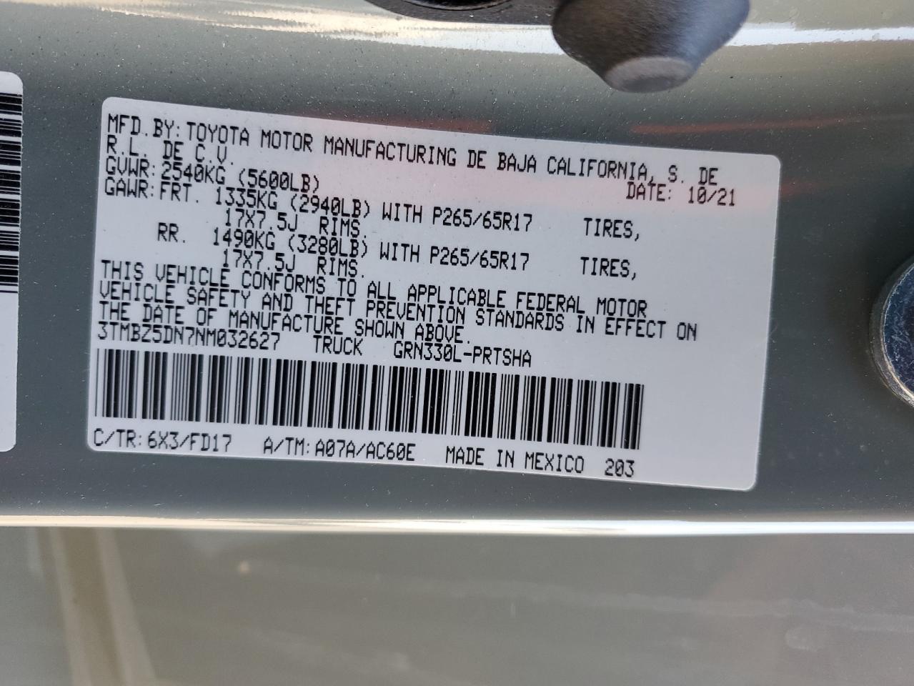 2022 TOYOTA TACOMA DOUBLE CAB VIN:3TMBZ5DN7NM032627