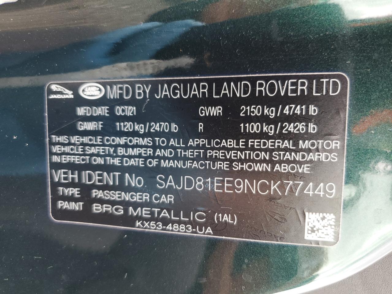 2022 JAGUAR F-TYPE R DYNAMIC VIN:SAJD81EE9NCK77449