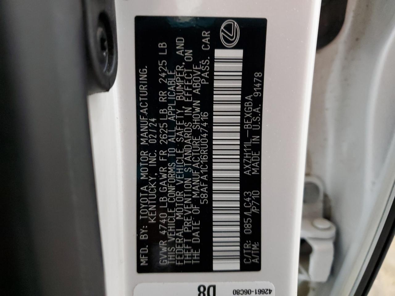 2024 LEXUS ES 300H BASE VIN:58AFA1C16RU047416