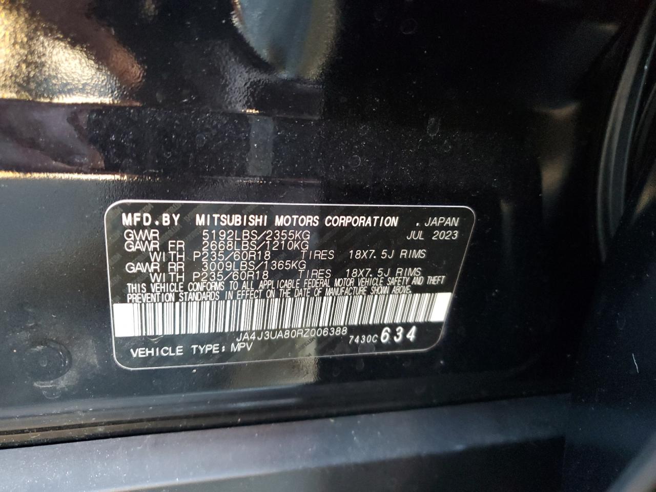 2024 MITSUBISHI OUTLANDER ES VIN:JA4J3UA80RZ006388