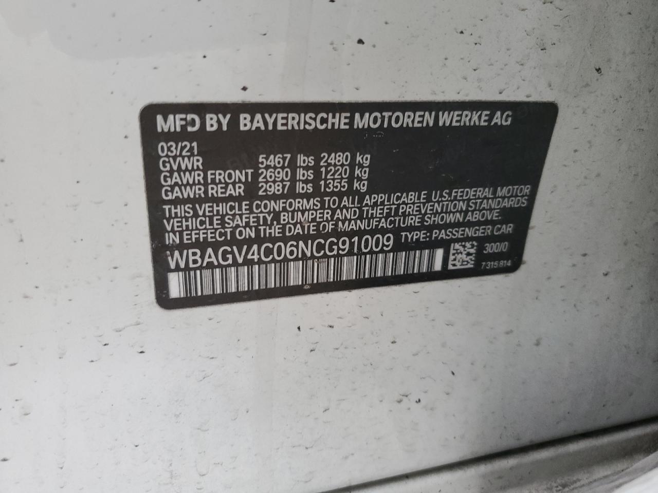 2022 BMW 840XI VIN:WBAGV4C06NCG91009