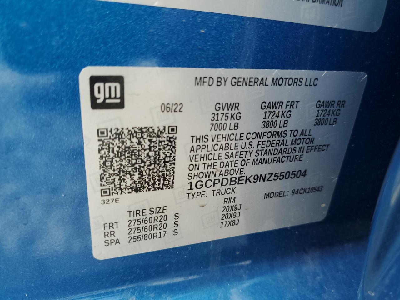 2022 CHEVROLET SILVERADO K1500 CUSTOM VIN:1GCPDBEK9NZ550504