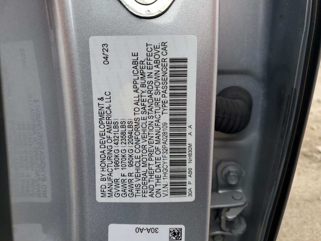 2023 HONDA ACCORD EX VIN:1HGCY1F32PA028109