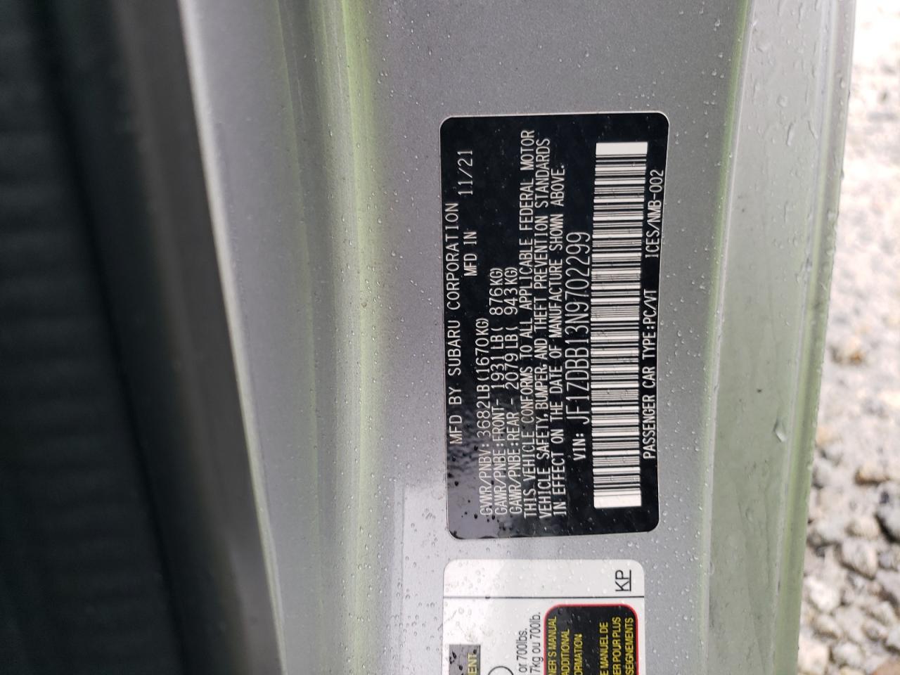 2022 SUBARU BRZ PREMIUM VIN:JF1ZDBB13N9702299