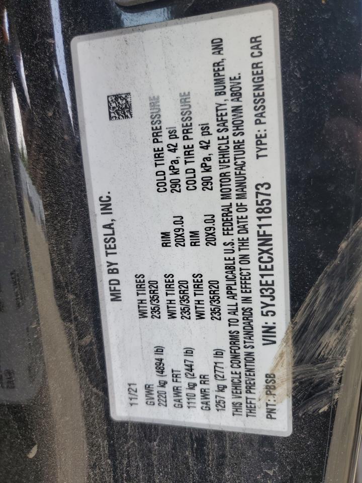 2022 TESLA MODEL 3 VIN:5YJ3E1ECXNF118573