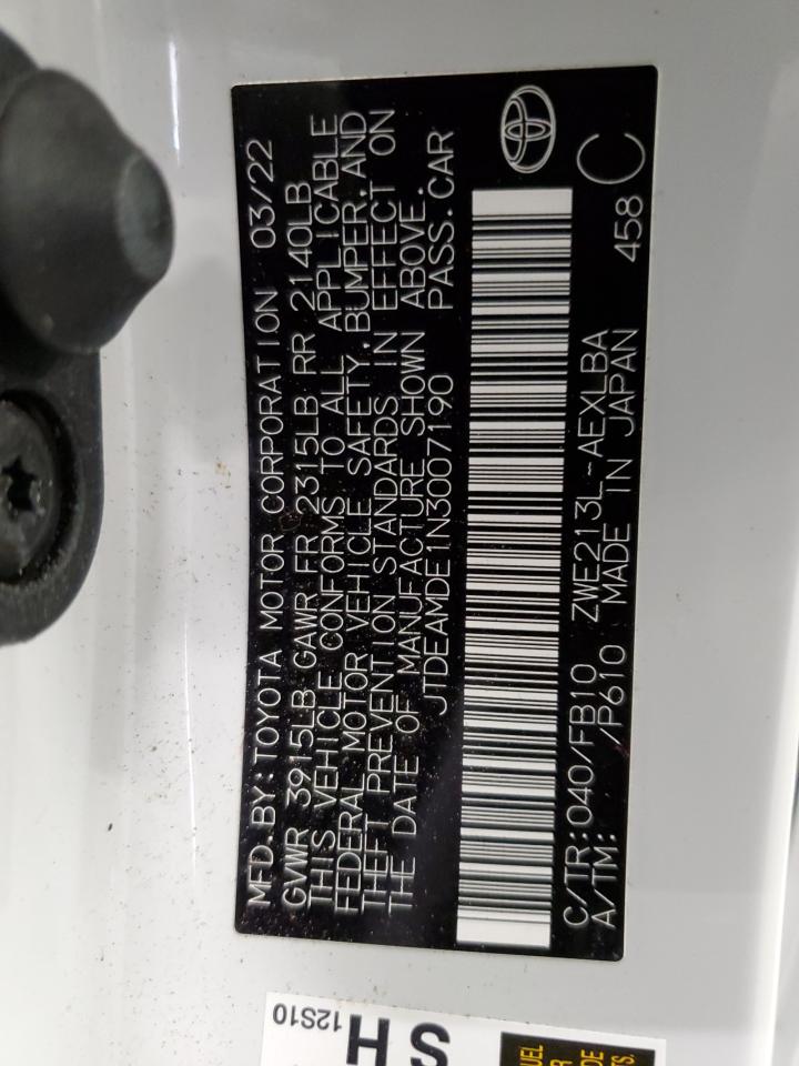 2022 TOYOTA COROLLA LE VIN:JTDEAMDE1N3007190