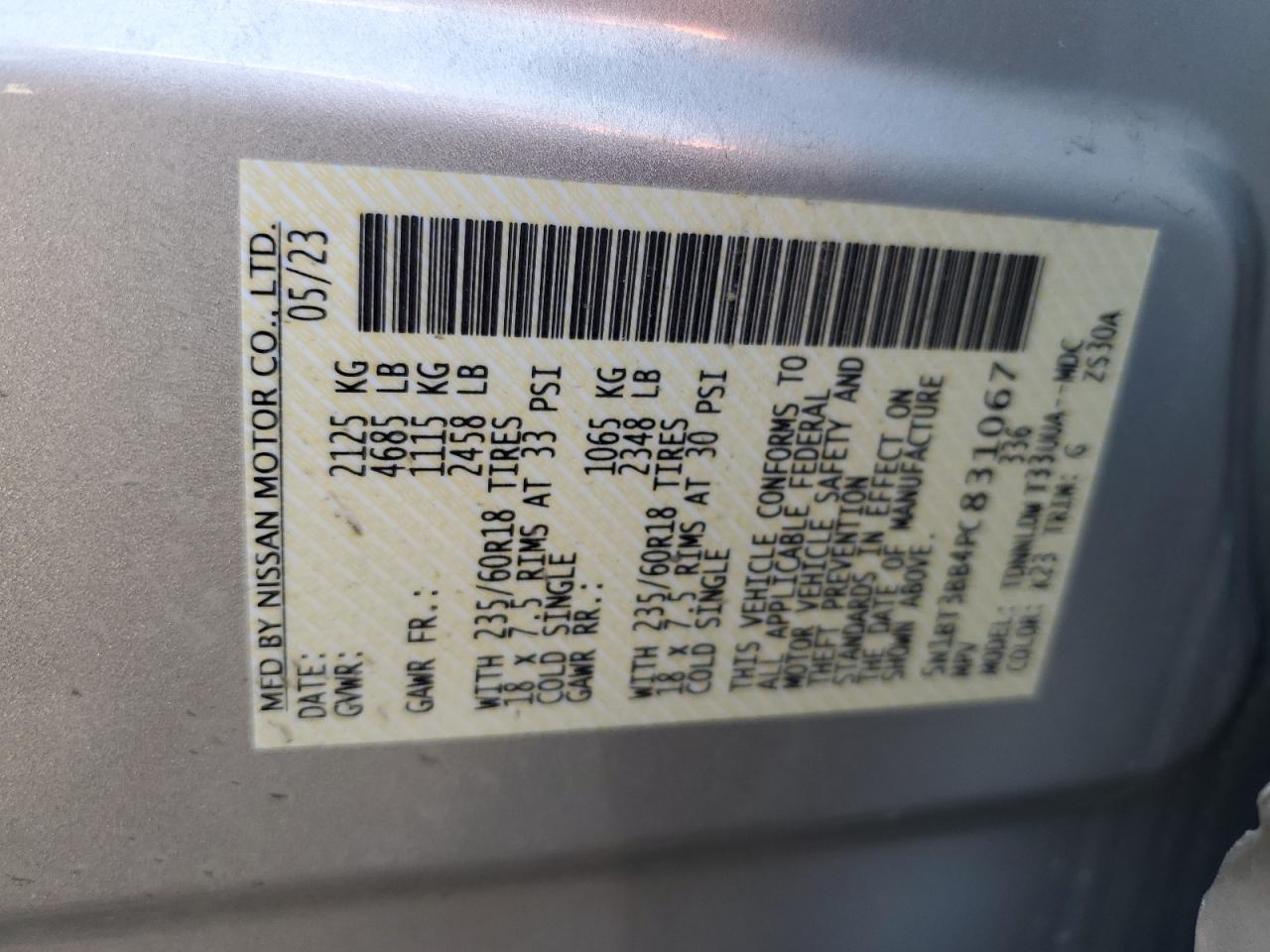 2023 NISSAN ROGUE SV VIN:5N1BT3BB4PC831067