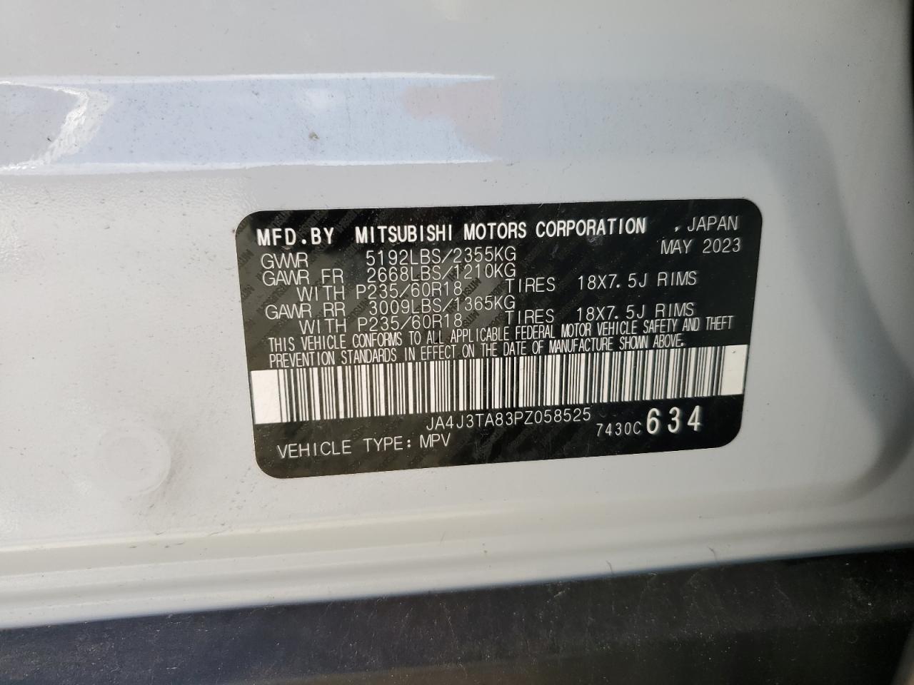 2023 MITSUBISHI OUTLANDER ES VIN:JA4J3TA83PZ058525