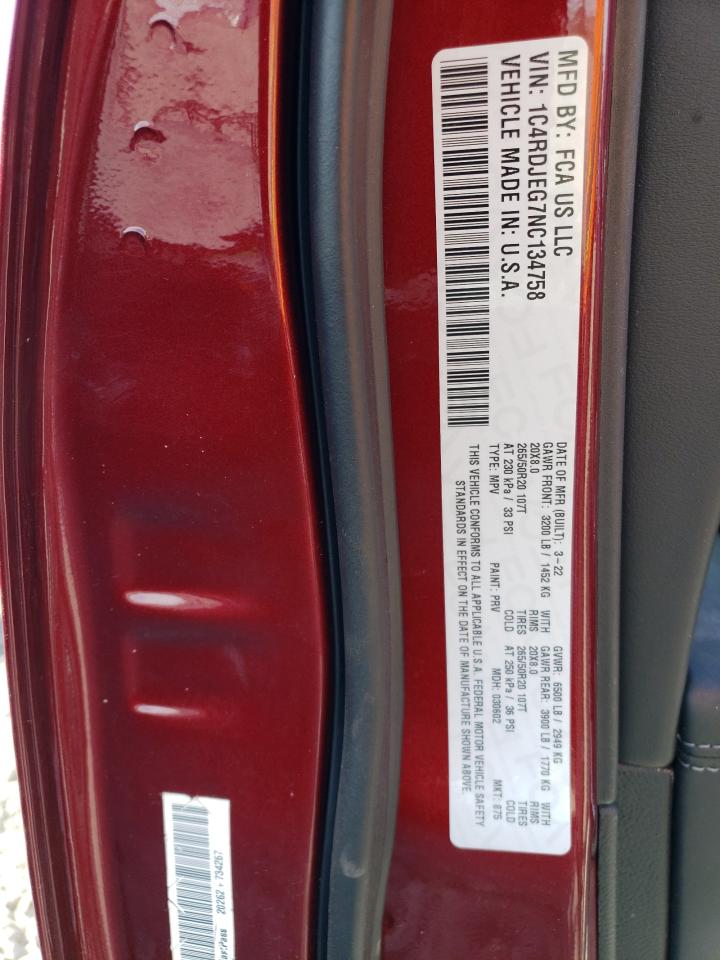 2022 DODGE DURANGO CITADEL VIN:1C4RDJEG7NC134758