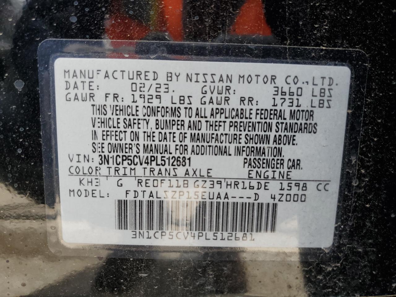 2023 NISSAN KICKS SV VIN:3N1CP5CV4PL512681