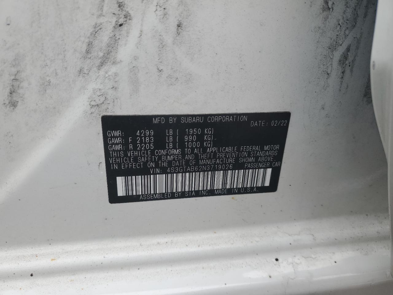 2022 SUBARU IMPREZA VIN:4S3GTAB62N3719026