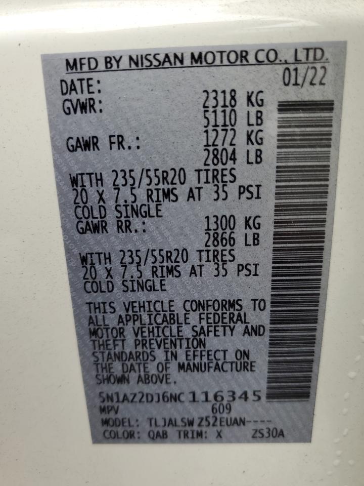 2022 NISSAN MURANO PLATINUM VIN:5N1AZ2DJ6NC116345