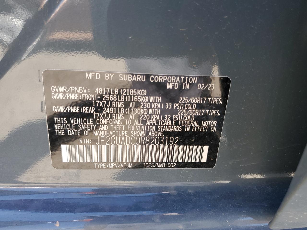 2024 SUBARU CROSSTREK PREMIUM VIN:JF2GUADC0R8203192