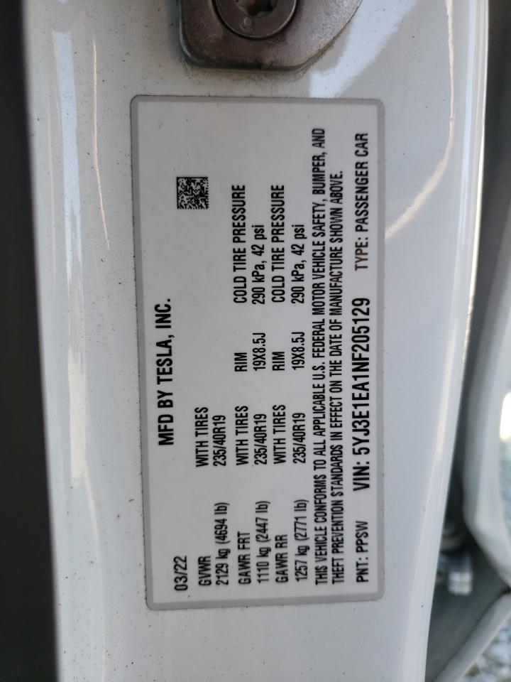 2022 TESLA MODEL 3 VIN:5YJ3E1EA1NF205129