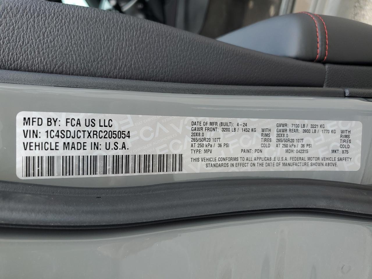 2024 DODGE DURANGO R/T VIN:1C4SDJCTXRC205054