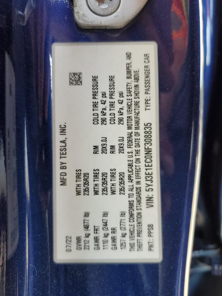 2022 TESLA MODEL 3 VIN:5YJ3E1EC0NF308835