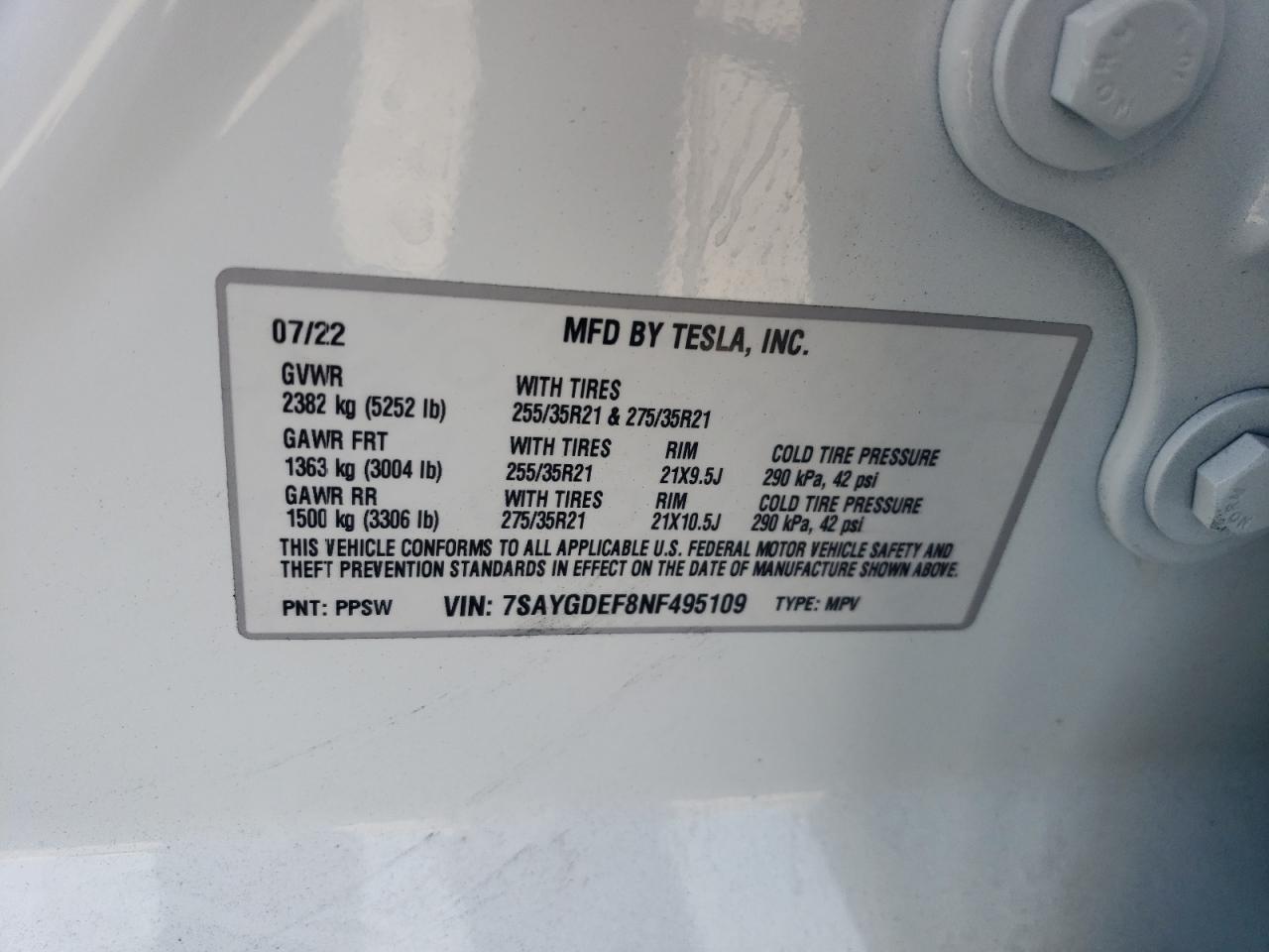 2022 TESLA MODEL Y VIN:7SAYGDEF8NF495109