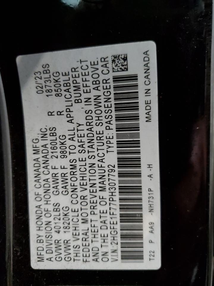 2023 HONDA CIVIC EX VIN:2HGFE1F77PH307792