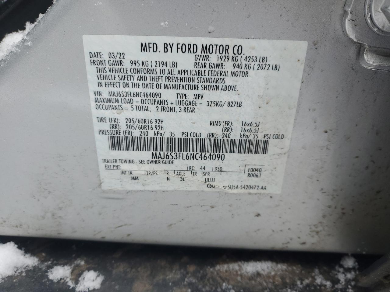 2022 FORD ECOSPORT S VIN:MAJ6S3FL6NC464090