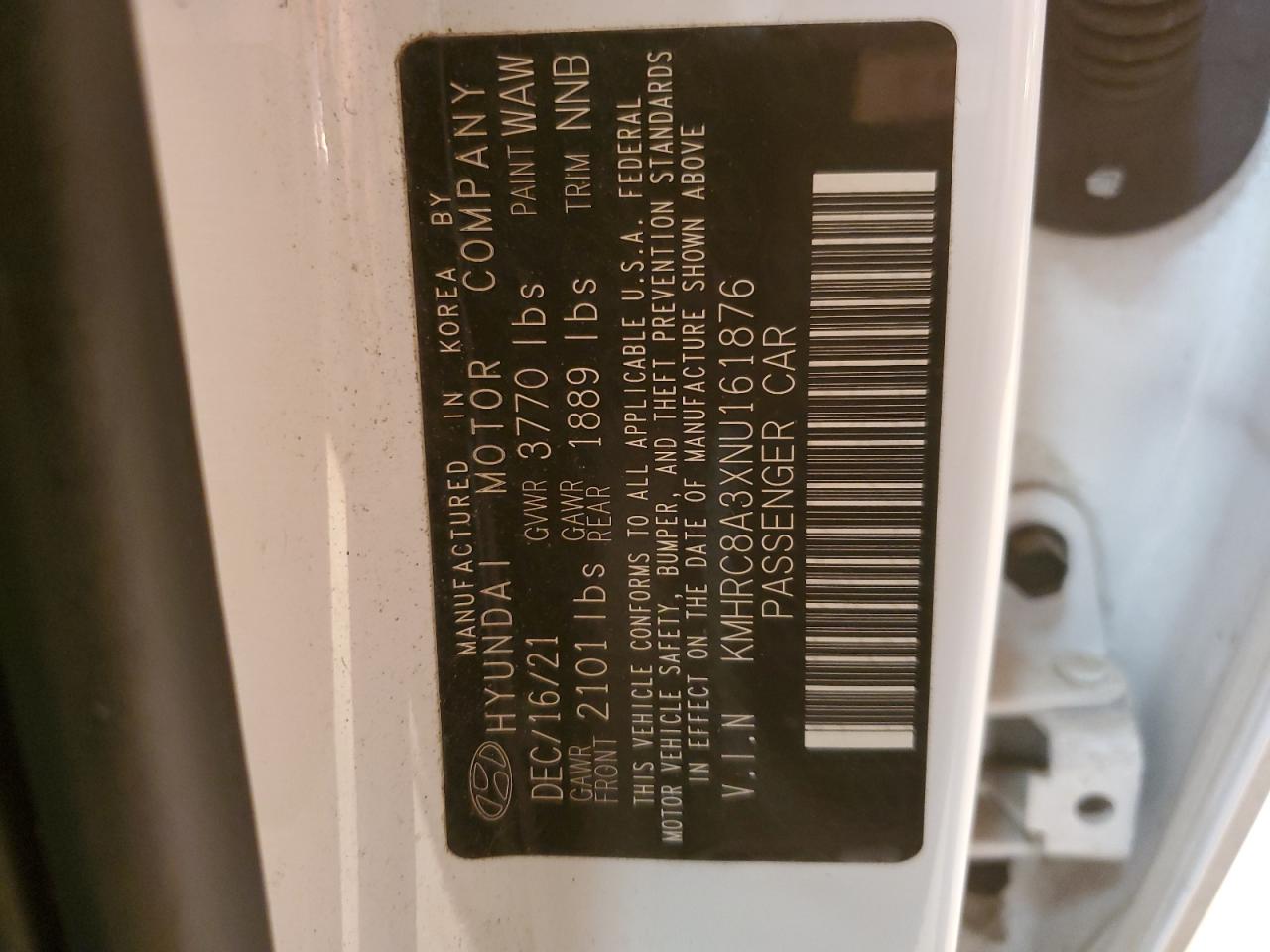 2022 HYUNDAI VENUE SEL VIN:KMHRC8A3XNU161876