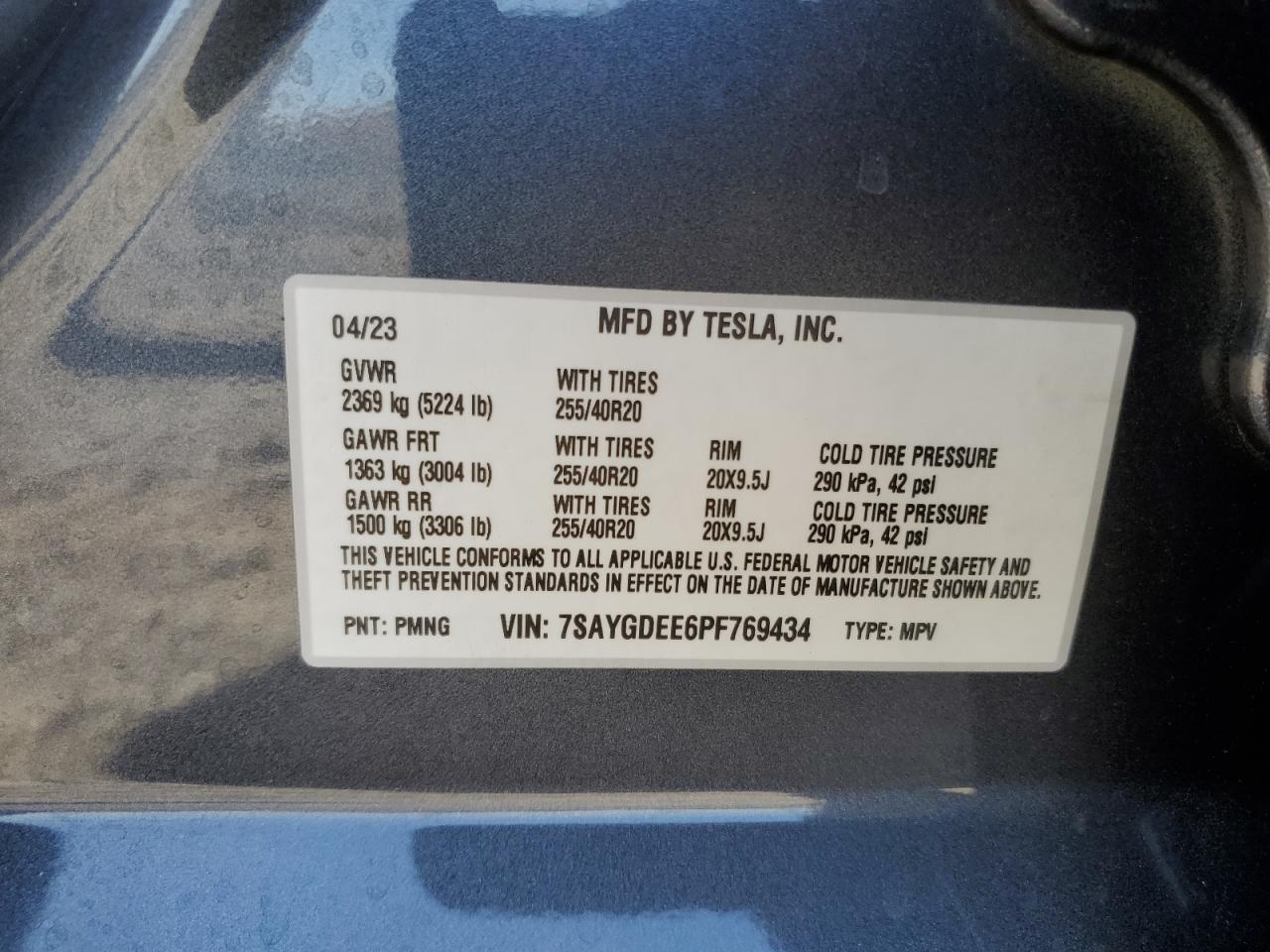 2023 TESLA MODEL Y VIN:7SAYGDEE6PF769434