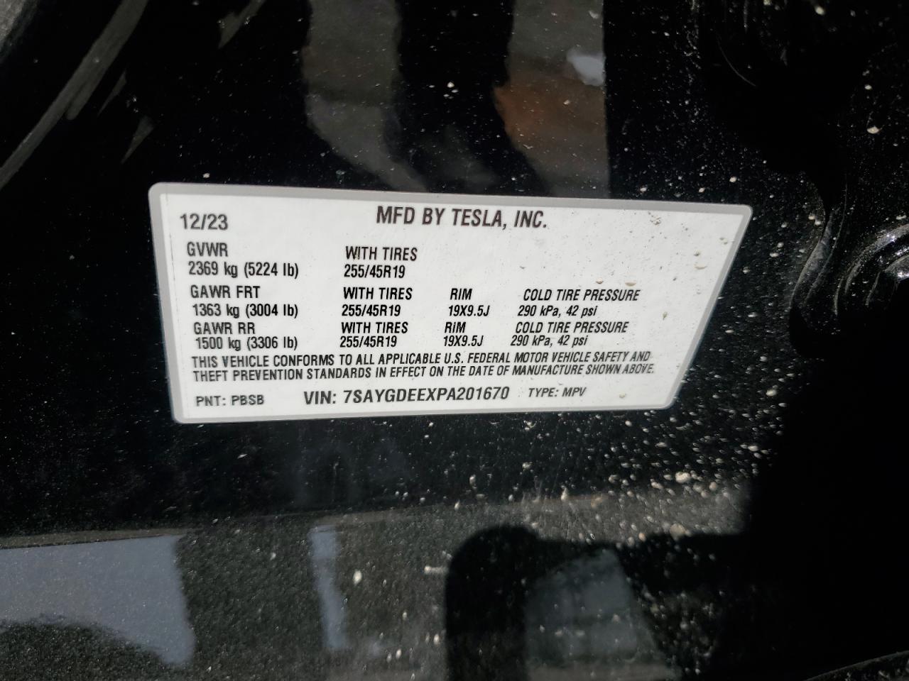 2023 TESLA MODEL Y VIN:7SAYGDEEXPA201670