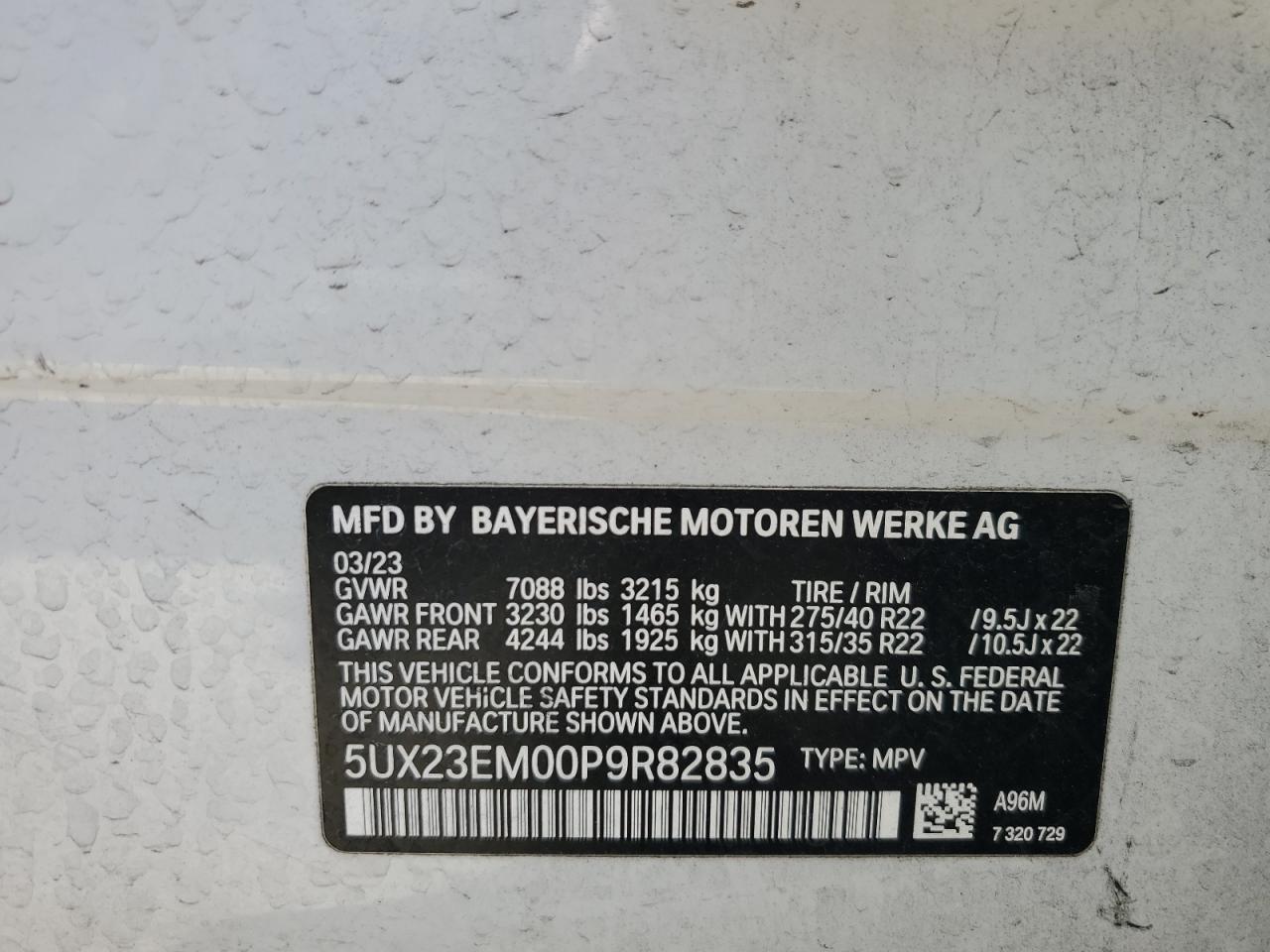 2023 BMW X7 XDRIVE40I VIN:5UX23EM00P9R82835