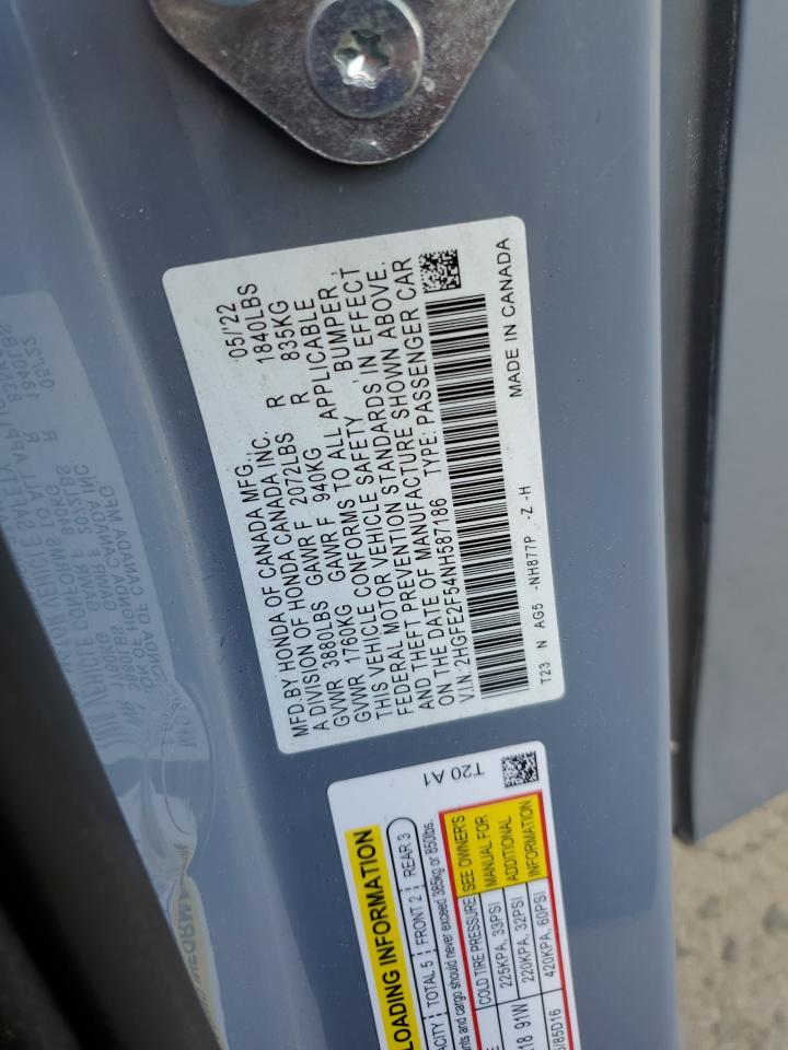 2022 HONDA CIVIC SPORT VIN:2HGFE2F54NH587186