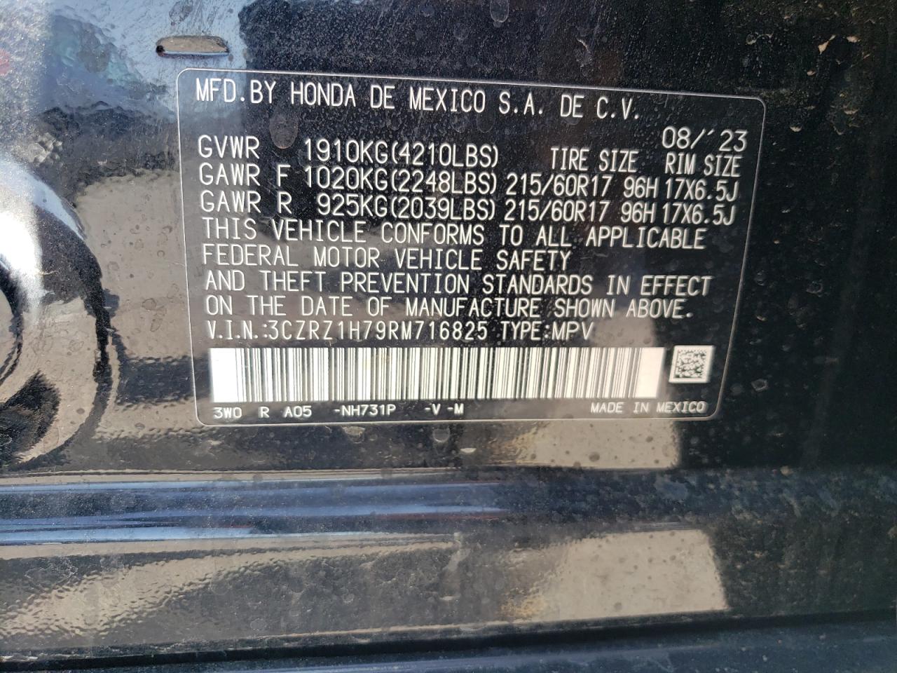 2024 HONDA HR-V EXL VIN:3CZRZ1H79RM716825