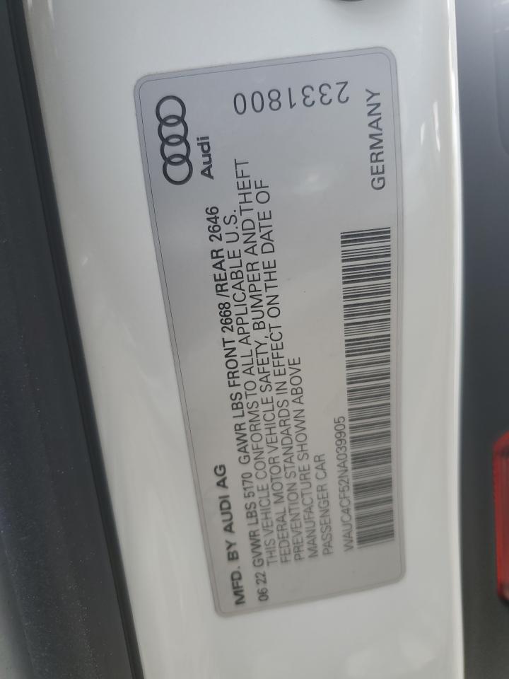 2022 AUDI S5 PREMIUM PLUS VIN:WAUC4CF52NA039905