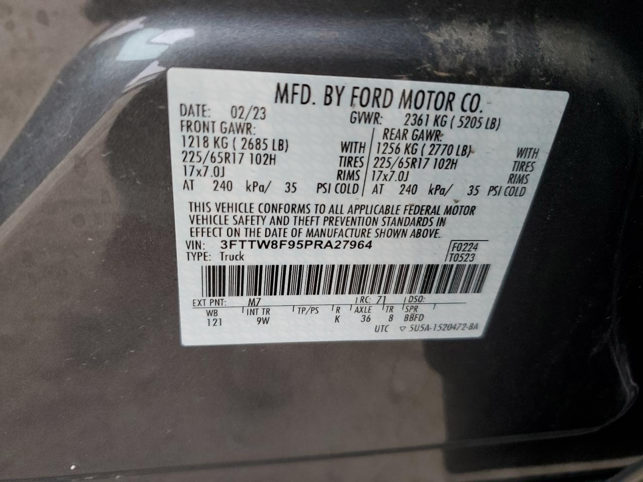 2023 FORD MAVERICK XL VIN:3FTTW8F95PRA27964