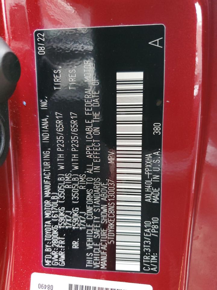 2022 TOYOTA SIENNA XLE VIN:5TDYRKEC8NS130037